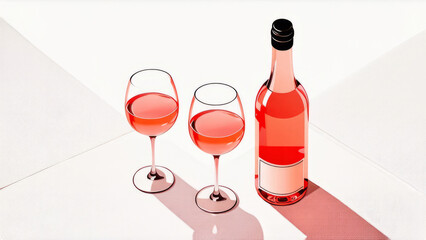A bottle and glasses of ros? wine casting shadows on a white surface. Concept of wine tasting.