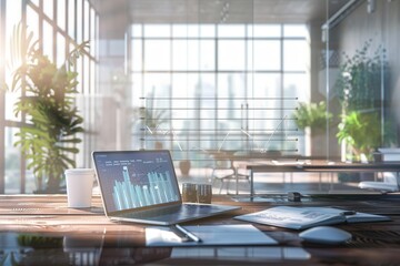 Fototapeta premium A sleek, modern office features large windows allowing abundant natural light, with a laptop displaying data analytics on a stylish wooden desk. Generative AI