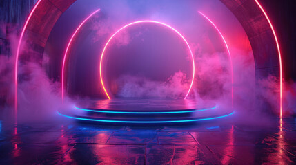 Technology Background,  A glowing futuristic podium appears centered against a vivid neon backdrop, highlighting its smooth curves and innovative materials. The atmosphere is