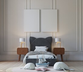 poster mockup in kids bedroom interior background. modern classic style. 3d Rendering