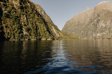 Bowen Falls waterfall located in Milford Sound, New Zealand