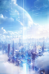 Technology Background,  A panoramic view of an innovative urban environment featuring floating parks and futuristic transport systems. Soft blue and purple hues wash over the scene,