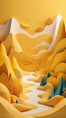 Fototapeta premium 3D abstract background with paper cut shapes. yellow carving art. Papercraft landscape