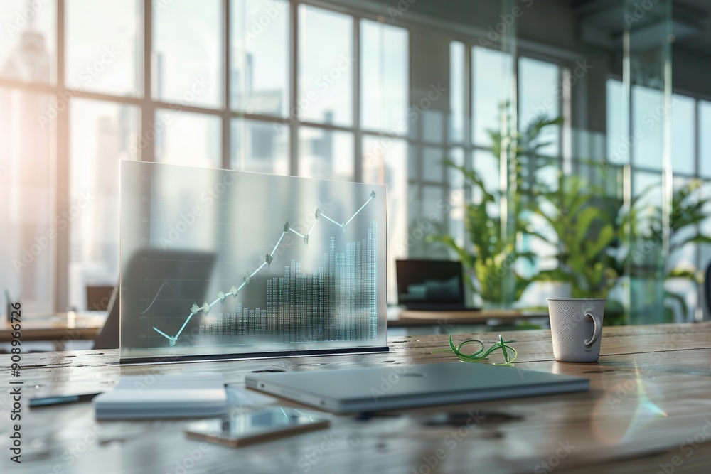 Poster a sleek workspace with large windows illuminating a table featuring a growth graph, laptop, glasses,