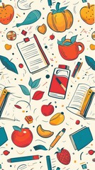 A colorful arrangement features school supplies, fruits, and stationery on a light backdrop, showcasing a playful, creative theme