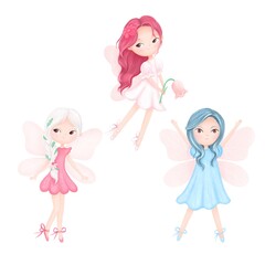 Watercolor cute fairy  fairies collection.Kids illustrations.Festive watercolor illustrations.