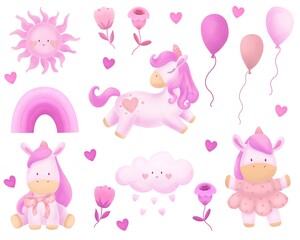 Watercolor happy unicorn clipart collection.Kids illustrations.Festive watercolor illustrations.