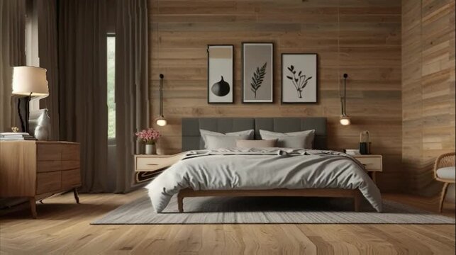 Interior 3d rendering video 4K mockup bedroom design and decoration in beige and grey color striped wall wooden blinds window parquet floor.