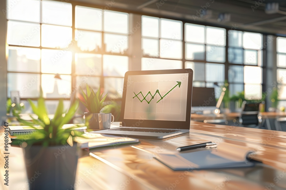 Poster a bright modern office features a sleek desk, laptop displaying a growth chart, and plants, emphasiz