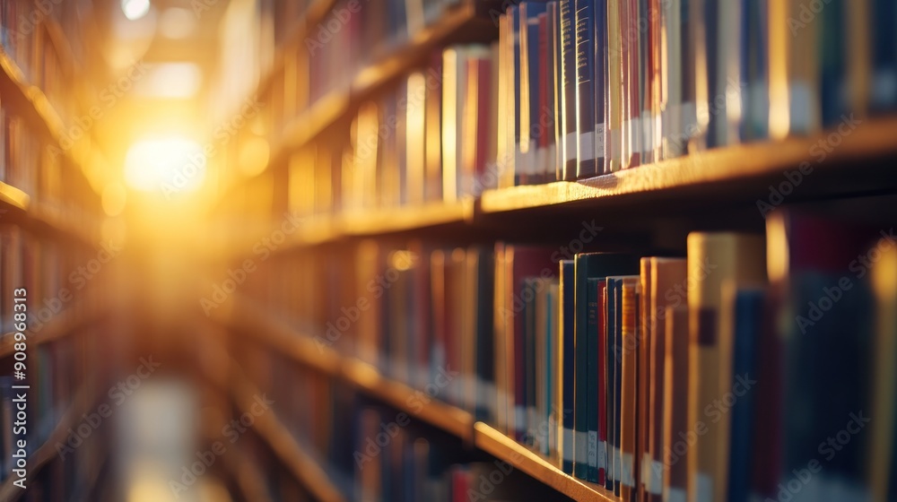 Poster Sunlight Filtering Through Books on Shelves in a Library