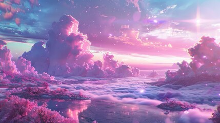 A picturesque scene showcasing pink clouds floating over a misty landscape at twilight, creating a magical and serene ambiance reminiscent of a dreamlike world.