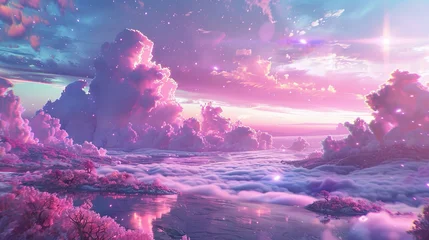 Gardinen A picturesque scene showcasing pink clouds floating over a misty landscape at twilight, creating a magical and serene ambiance reminiscent of a dreamlike world. © Gia