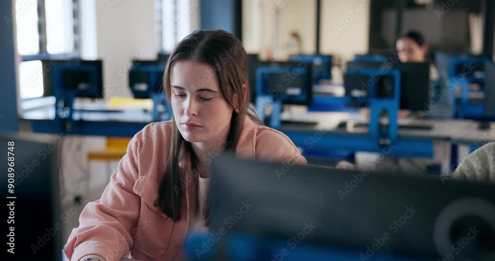 Aufkleber computer, learning and girl student in classroom for education, lecture or lesson at college. schola