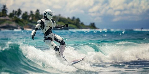 Robot surfs the ocean wave on the tropical beach.. Ai generative art