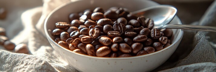 Fototapeta premium A close-up shot of roasted coffee beans in a white bowl with a spoon, symbolizing energy, aroma, freshness, indulgence, and morning routine.