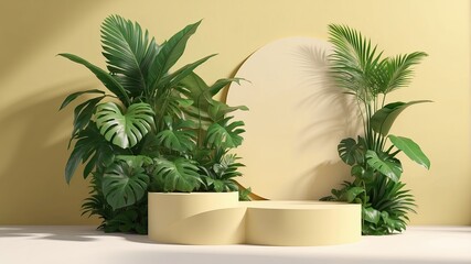 3D podium showcased on a light yellow background with shadows in green tropical leaves of plants