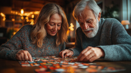 Elderly Couple Enjoying Jigsaw Puzzle Together in Festive Setting