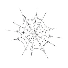 Black outline spider web on a white isolated  background. Gothic decorative element clipart useful for Halloween party decoration, hand drawn image, cartoon