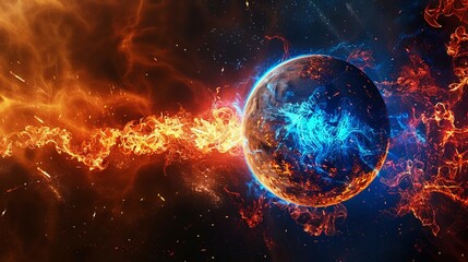 A stunning depiction of a planet enveloped in flames and blue hues, set against the backdrop of the cosmos, illustrating the sheer intensity and beauty of space.