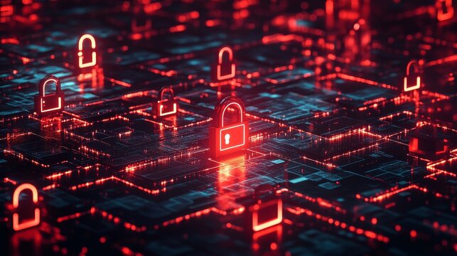 A network of red glowing padlocks on a digital circuit board, symbolizing secure data, cyber security, digital protection, encryption, and privacy.