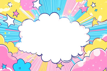 Cute cartoon comic book background with white space in the center, vector illustration, colorful splash of color, in the style of cartoon, cartoon clouds and stars, pink yellow blue, cartoon design, c