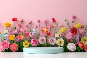 Enchanting Podium Surrounded by a Symphony of Vibrant 3D Flowers