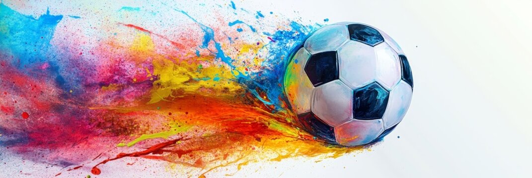 A soccer ball is shown exploding with vibrant colors, symbolizing energy, excitement, passion, creativity, and movement.