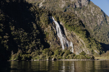 Bowen Falls waterfall located in Milford Sound, New Zealand