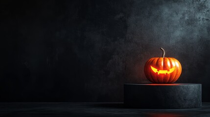 A glowing jack-o-lantern with a sinister grin sits on a dark platform, symbolizing Halloween, autumn, spooky season, festive decorations, and the spirit of the holiday.