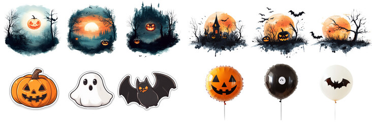 Fototapeta premium Halloween Spooky Watercolor Halloween Set: A collection of whimsical and eerie watercolor illustrations perfect for Halloween projects. This set includes haunted landscapes, spooky balloons 