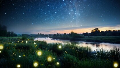 川辺の夜と星空と蛍の光