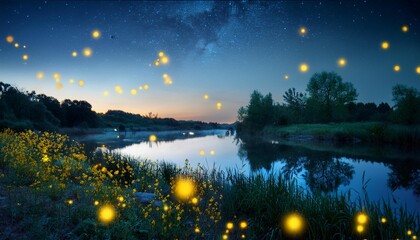 蛍の光が浮き上がる夏の終わり川辺の夜の風景
