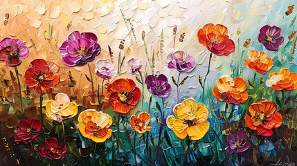 A vibrant and textured painting of multicolored flowers in a field, showcasing a mix of purples, oranges, and yellows with visible palette knife strokes and bees flying around.