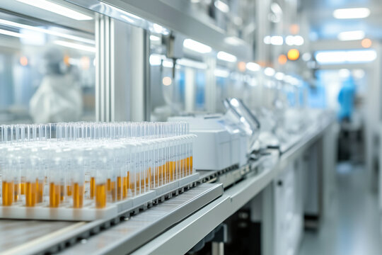 Automated line for the production of modern medical devices. Ampoules and tubes stand on a conveyor belt in a bright laboratory.  Of robotisation in the production of medical products. Baner, poster