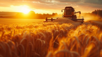 Fototapeta premium A green harvester is harvesting wheat in the field, sunset light, photorealistic landscapes in the style of golden hour, farm life
