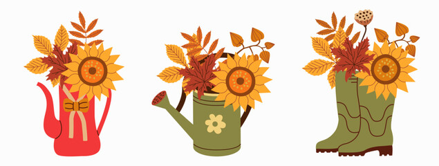 Autumn bouquets in watering cans and boots with sunflowers and leaves. Perfect for seasonal designs, greeting cards, and digital projects. Warm, inviting fall theme with vibrant floral arrangements.