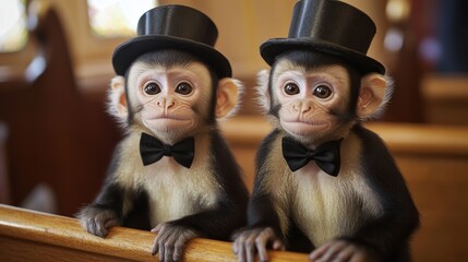 Two adorable monkeys, dressed in top hats and bow ties, sit side-by-side on a wooden surface. The image represents friendship, formal attire, and a touch of humor.