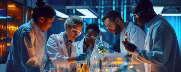 Group of scientists with diverse backgrounds sharing insights, futuristic lab