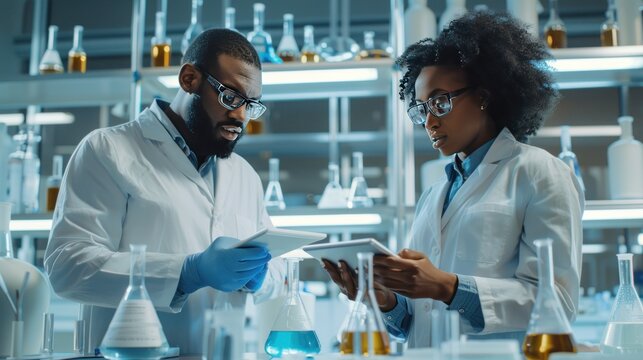 Diverse scientists in lab coats analyzing data on digital tablets, high-tech lab
