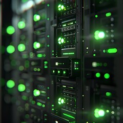 Network Servers Illuminated by Green Lights in a Modern Data Center During Nighttime