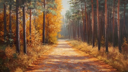 Fototapeta premium Forest road with fallen pine needles, autumn ambiance