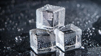 A close-up shot of three ice cubes beginning to melt on a reflective surface, capturing the cool and refreshing essence of ice and the dynamic interplay of light and water.