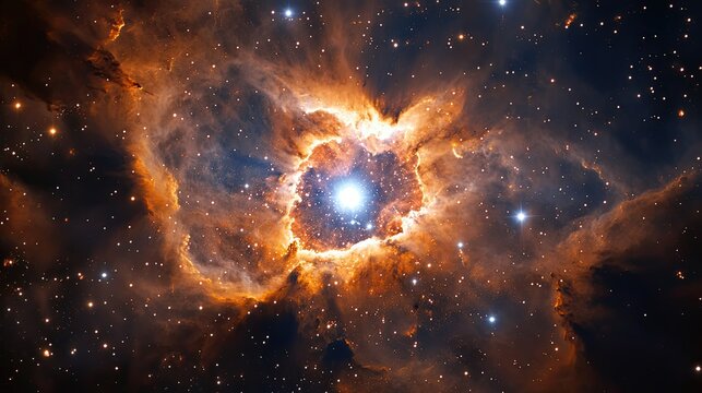 38. Close-up of a protostar, with glowing gas and dust swirling around a forming star