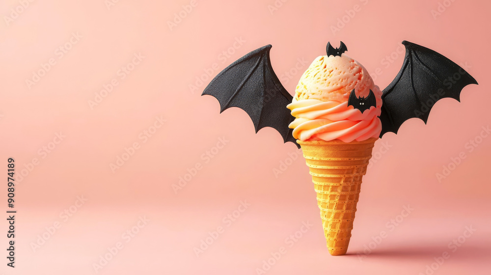 Wall mural ice cream cone with bat wings, halloween treat, flat design illustration