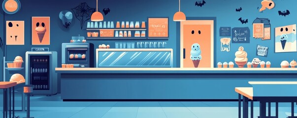 Fototapeta premium Haunted ice cream parlor, spooky and eerie, flat design illustration