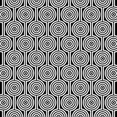 Seamless black and white geometric pattern with ring circle shapes and straight lines. Suitable for various design purposes such as textiles, wallpapers, backgrounds, etc.