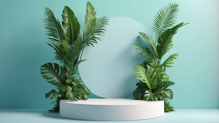3D render podium showcased on a light blue background with shadows in green tropical leaves of plant