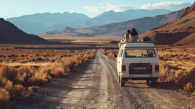 A couple is traveling in a van through a breathtaking mountain landscape at sunset, capturing the spirit of romance, adventure, and the beauty of nature in motion.