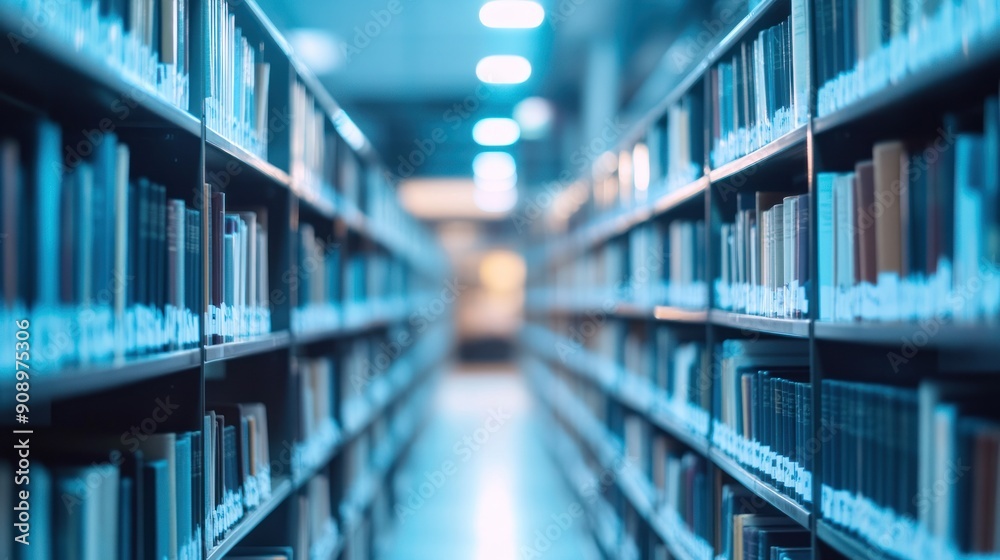 Poster Rows of Books on Shelves in a Library