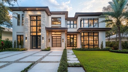 Modern Two-Story Home with Stone Accents and Lush Landscaping